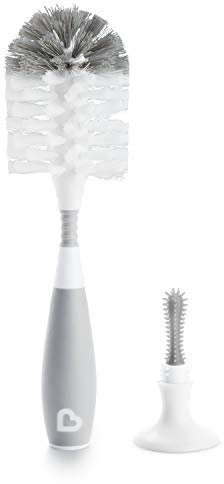Munchkin Brosse de Nettoyage de Bouteille à Poils | Brosse pour Bouteille d'Eau avec Tétine Intégrée | Brosses Deluxe pour Nettoyage | Autoportante | Poignée Facile à Saisir | Gris