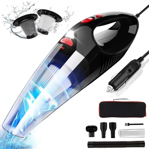 RIKIN Aspiradora de Coche 8500PA 120W Aspirador de Mano con Cable Filtro de Acero Inoxidable Accesorio Completo y Bolsa de Transporte para Coche