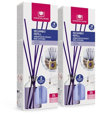 CRISTALINAS. Recambio x2 para Ambientador Mikado de Cubo de Madera. 0% Alcohol. Mas de 8 semanas de duración. 2x30ml. Aroma Lavanda. (4x30ml)