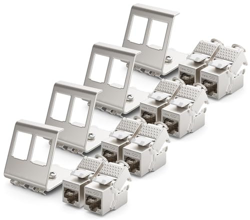 deleyCON 4x CAT6a Keystone Jack Module Avec 4x 2-Port Adaptateur Pour Profilé Chapeau Comme Set Métal STP Blindage RJ45 Femelle 10 Gbit/s Réseau Montage Snap-In Pour Profilés Chapeau 35mm