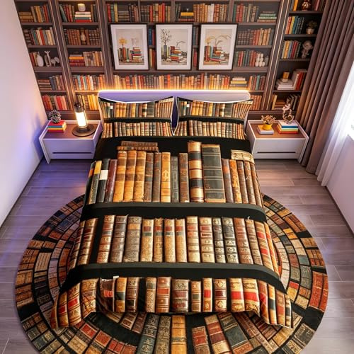 Loussiesd Vintage Books Bedding Set 3D Bookshelf Bedclothes King Kids Boys Brown Book Print Duvet Cover Set of 2 Pillowcase Yellowish Brown Bedclothes for Girls Teens Teenagers