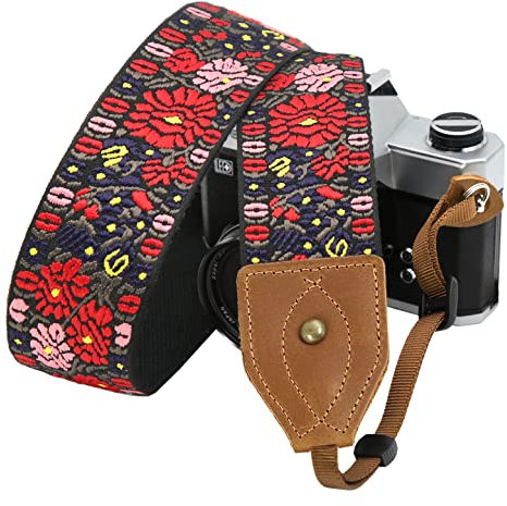 Padwa Lifestyle 2 Wide Classic Crazy Horse Art Cowhide Head Camera Strap - Jacquard Embroidery Floral Vintage Camera Straps for Photographers Gift, Adjustable Shoulder Neck Strap Fits DSLR Cameras