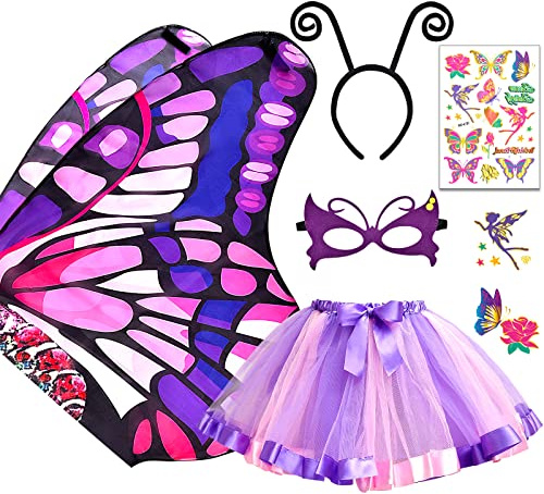 Tacobear 5pcs Déguisement Papillon Ailes de Papillon Enfant Fille avec Masque Tutu Jupe Serre-tête Tatouage Costume de Papillon Deguisement pour Carnaval Halloween Noël (Violet)