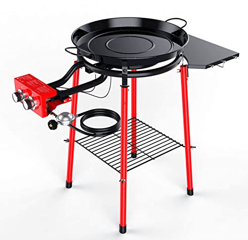 GRISUN Paella Pan, Paella Burner and Stand Set, Paellera Set, 20 Inch Enameled Paella Pan Set, with Built-In Ignitor, Regulator Hose, Carry Bag, Durable Legs with Bottom Shelf, Side Shelf(14 Servings)