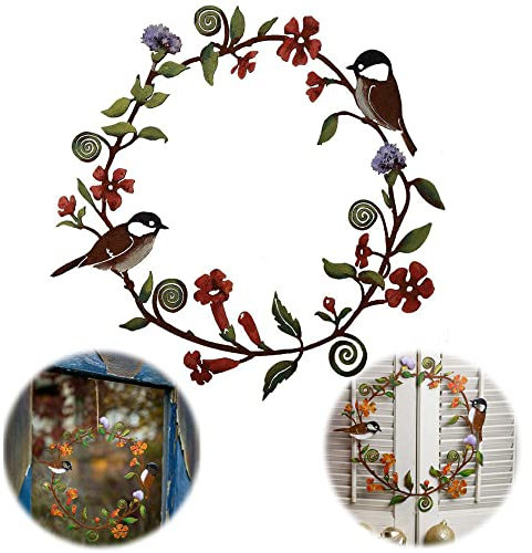 Corona de Metal para Puerta 30x30cm Hojas y Pájaros Decorativa para Sala de Estar y Pared