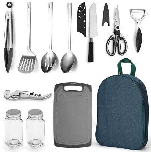 Evanda Camping Kochgeräte Set 10 Stück, Edelstahl Outdoor Kochen und Grillen Utensil Organizer Travel Set perfekt für Reisen, Camping, Wohnmobile, Grillen, Picknicks, Partys und mehr