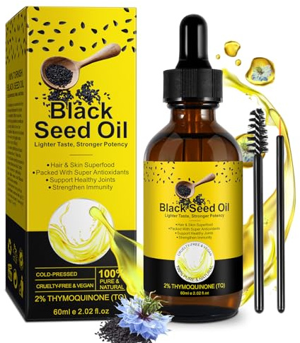 Svart fröolja | 100% ren, naturlig och premium kallpressad | Bäst för hårväxt & hudvård & skydda lederna - Stark från Virgin Organic Blackseed Nigella Sativa Seeds Oil (60 ml)