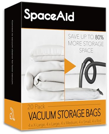 SpaceAid 20 Pack Vacuum Storage Bags, Space Saver Sealer Compression Bags for Comforters, Blankets, Pillows, Bedding, Clothes (4 Jumbo/4 Large/4 Medium/4 Small/4 Roll)