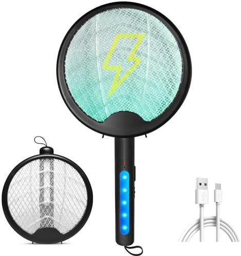 OZAVO Elektrische Fliegenklatsche 3000V 3 in 1 USB wiederaufladbare UV-hängende Insektenvernichter, Faltbar Elektrische Fliegenfänger für Mücken, Fliegen, Motten - Schwarz
