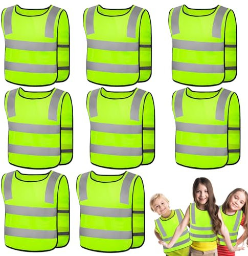 8 Stück Warnweste Kinder (3-12 Jahre), Sicherheitsweste Kinder, Warnwesten Auto Kinder, Reflektierende Hohe Sichtbarkeit Kinderwarnweste, Reflektorweste für Den Schulweg, Radfahren, Straßenverkehr