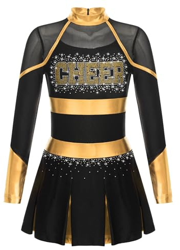 MSemis Enfant Fille Pompom Girl Costume de Cheerleading Paillette Manches Longues Deguisement Pompom Girl Uniforme de Pompom Girl Fille Or Noir 15-16 Ans