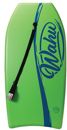 WAHU Bac Pak Bodyboard Pro with Leash, Crescent Tale, EPS Core, XPE Deck, and HDPE Slick Bottom, 41 Lightweight Beach Body Board for Ages 10+, Green/Dark Blue