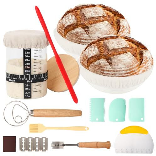 Sourdough Starter Kit, Sourdough Bread Baking Supplies, Bread Proofing Basket Tool, set of 2 9inch Round Ratten Bread Proofing Basket, 1000ml Sourdough Starter Jar