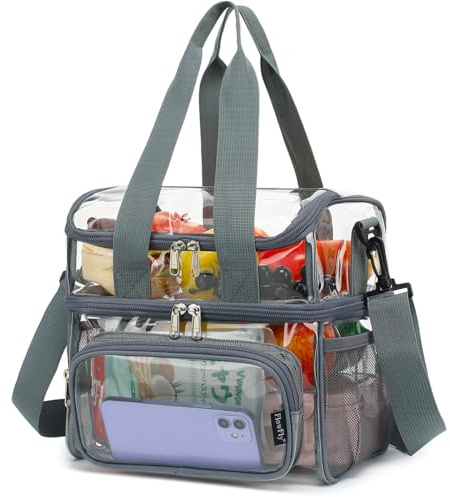 FlowFly Clear Bag Double Decker for Stadium Events With Shoulder Strap for Women, Men, Large and Reusable Lunch Container, Work and Sporting Events, Travel Transparent Tote Bag, Clear#Grey