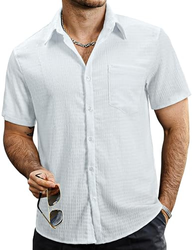 VATPAVE Mens Button Down Short Sleeve Shirt Summer Shirts S Pure White