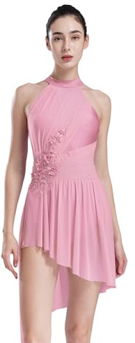 Freebily Abito da Pattinaggio Artistico Donna Strass Leotards Vestito Danza Classica Moderna Collo Halter Body da Ginnastica Costume da Ballo Latino Lirico Dancewear Rosa S
