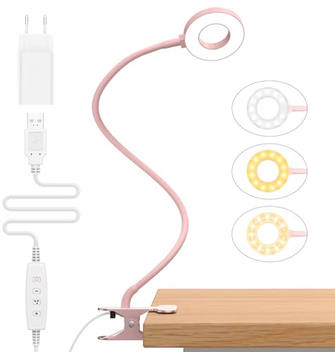 iZELL 23 LED Luz Lectura con Clip [3 Colores y 10 Brillos] Flexo LED Escritorio con Pinza 99.99% Bloqueo de Luz Azul Lámparas de Escritorio, Lámpara Mesa pare Estudio Trabajo Leer(Adaptador Incluido)