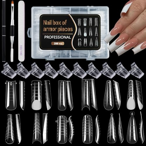 GZMAYUEN Set di 288 stampi per unghie doppie, 12 forme di estensione per unghie, forma delle unghie, con pennello a doppia finitura, clip e lima per unghie per Polygel Extension artificiale