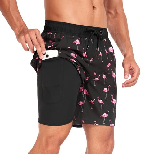 Snabbtorkande badshorts för män 2-i-1 baddräkt stretchiga strandshorts med fickor snabbtorkande dragkedja sommar surfsport, 3XL