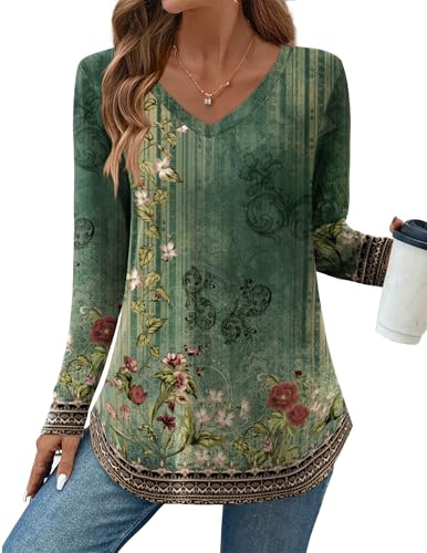 Zeagoo Womens Long Sleeve Tops and Blouses Floral Boho Shirt V Neck Dressy Tunic Outfits XXL