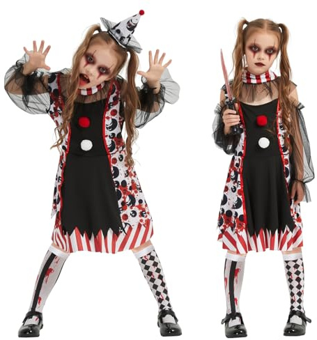 HERMORRYSS Costume Clown Fille, Déguisement Clown Tueur Enfant, Costume Clown Rayures Rouge et Blanc, avec Chaussettes et Barrette, Costume Halloween Fille Cosplay Clown Horreur (Modèle B, L)