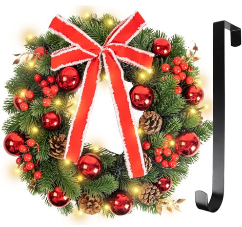 16in Corona Navidad Puerta Grande con 40LED Luces, Guirnalda Navidad Verde con piñas y Frutos Rojos, Artificial Corona Navideña Decoración Navidad para Puerta, Chimenea, Pared, Ventana