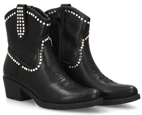 shoes&blues.es 96145 Botin Cowboy para Mujer con Tachuelas. Tacon bajo, Estampado Liso y Cierre de Cremallera, para Temporada Otono Invierno. Negro Talla 37