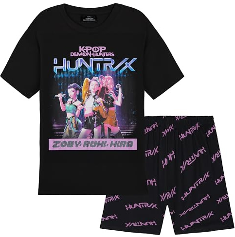 KPop Demon Hunters Oficial Huntrix Pijama Niña Manga Corta Chica, 5-14 Años, Guerreras KPOP Regalos (7-8 Años, Negro Huntrix)