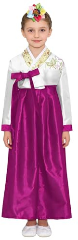 TSSOE Enfant Fille Costume Traditionnel Coréen Haut Manches Longues Jupe Longue Robe de Palais Coréen Mariage Fête Blanc 11-12 Ans