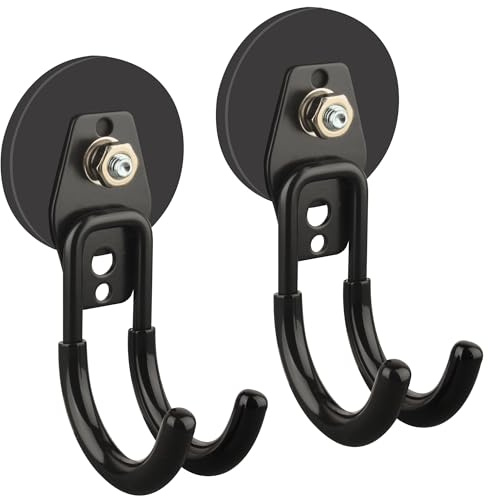MUTUACTOR Gancio magnetico pesante, rivestimento in gomma antiscivolo, doppio gancio da garage, robusto gancio per banco da lavoro, parete forata, tubo da giardino, cassetta degli attrezzi (2 pezzi, J