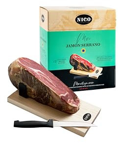NICO JAMONES - Pack de Jamón Serrano deshuesado. MINI JAMÓN SERRANO con kit de mini jamonero y cuchillo. Aprox. 1 kg. Curación de más de 9 meses. Auténtico serrano. Ideal para regalo.