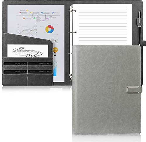 Toplive Konferenzmappe Leder A4 Schreibmappe A4 Businessmappe aus PU-Leder inkl 4 Ringbuchmappe Dokumentenmappe optimaler Einsatz in Büro, Schule und Studium,Grau