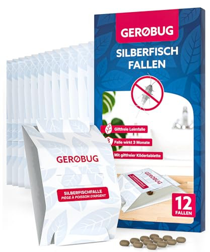 Gerobug Silberfischfalle 12 Stück mit giftfreiem Lockmittel zur Befallskontrolle in Allen Wohnräumen - Bonus-Guide zum Silberfische bekämpfen - Alternative zu Silberfisch Köderdose