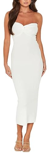 Sdencin Vestito Lungo a Tubino a Fascia Aderente in Maglia a Costine con Nodo a Torsione Sexy da Donna, Casual, Tinta Unita, Senza Spalline, Bianco, S