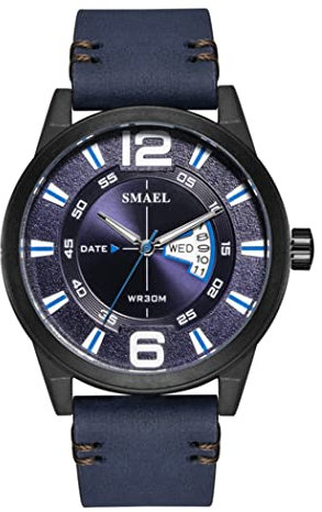SMAEL Herren Uhren,Outdoor Multifunction Analog Quarz Armbanduhr,Business Casual Echtlederarmband Chronograph,Mit Date,Week,Blue a4