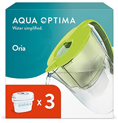 Aqua Optima Oria Water Filter Jug & 3 x 30 Day Evolve+ Filter Cartridge, 2.8 Litre Capacity, for Reduction of Microplastics, Chlorine, Limescale and Impurities, Green
