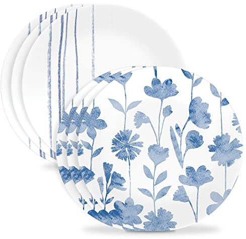 Corelle 6-Piece 8.5 Vitrelle Glass Lunch Plates, Lightweight, Scratch Resistant - Botanical Stripes