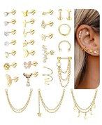 FIOROYAL 27 Stück 16G Helix Piercings Ohrstecker Edelstahl für Frauen Männer Hypoallergen Helix Kette Silber Tragus Piercing Ohr Gold Silber Flatback Ohrringe Kette Baumeln Daith Piercing Set-Gold