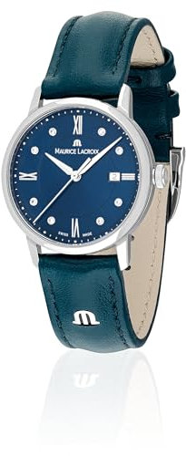 MAURICE LACROIX Eliros Date Diamonds Damen-Armbanduhr Analog Quarz mit petrolblauem Lederband EL1094-SS001-650-5