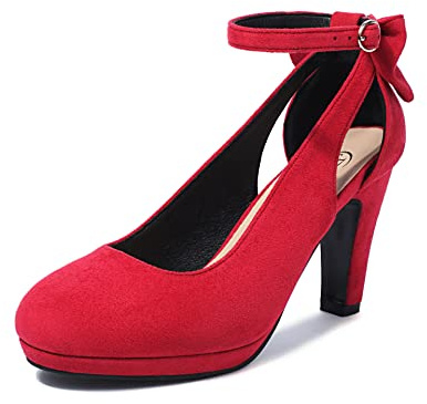 elerhythm Mary Jane Chaussures rétro à talons avec nœud pour femme Bout rond fermé en daim Sangle de cheville Escarpins Gatsby Vintage Chaussures, rouge, 40 EU