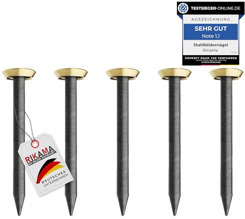 RIKAMA® – 50 Bildernägel mit 25 mm Länge – Stahlnägel für den Einsatz auf Beton, Ziegelstein, Putz & Holz – Nägel aus gehärtetem Stahl als Bilder Aufhängung – Made in Europe (Goldener Kopf, 25 mm)