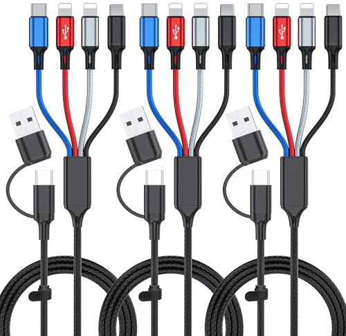 6 in 1 Multi Charging Cable 3Pack-6FT Multi USB Cable 3A Multi Charger Cable Braided Multiple Phone Charger Cable Universal USB A/C Charging Cord with 2*IP/Type C/Micro USB Port for Cell Phone/Tablets