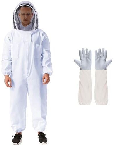 Beekeeping Suit Apiarist Beekeeping Jacket with Sheepskin Gloves & Ventilated Fencing Veil Hood Professional Beekeeper Suit Outfit Total Protection for Backyard Professional Beginner Beekeepers (L)