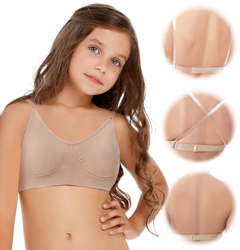 iMuchic Soutien-Gorge de Danse à Dos Transparent pour Filles, Soutien-Gorge Invisible sans Coutures avec Bretelles réglables, Beige, 12-14 Ans