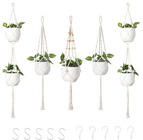 DXRPO Makramee Blumenampel 5 Stück, Blumenampel Makramee Blumenampel Hängend Innen, Boho Deko Baumwollseil Hängeampel Blumentopf für Pflanzen für Innen Außen Decken Balkone Dekoration (Beige,5 Stück)