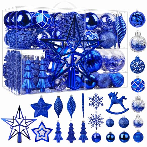 SHareconn 100 Stück Weihnachtskugeln Kunststoff Set, Bruchsicher Christbaumkugeln mit Haken, Weihnachtsbaum Kugeln Deko in verschiedenen Größen und Ausführungen, Weihnachtsdeko Aussen Innen, Blau