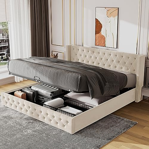 Merax Upholstered Bed Frame with Hydraulic Lift, 5FT King Size Bed Frame with Storage, Functional Ottoman Bed, Sturdy Construction, Without Mattress, Elegant Velvet Finish, Beige, 150x200cm