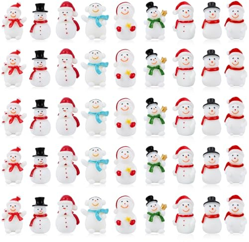 Jansun 45Pcs Christmas Mini Resin Snowman 9 Styles Mini Snowman Figuriness with Hat Xmas Miniature Snowman for Festival DIY Village Garden Decoration