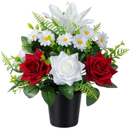 SIFOEL Artificial Grave Flowers in Pots, Artificial Rose Lily Daisy Memorial Flowers with Pot for Cemetery Funeral Outdoor Graveside Decoration (1Pc, Red & White)