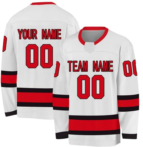 BOSSETY Personalisiertes Eishockey Trikot, Kinder/Erwachsene Eishockey Trikot, Personalisieren Sie es mit Ihrem Namen/Team/Ihrer Nummer, Komplette Größen und Farben (Weiß Rot)